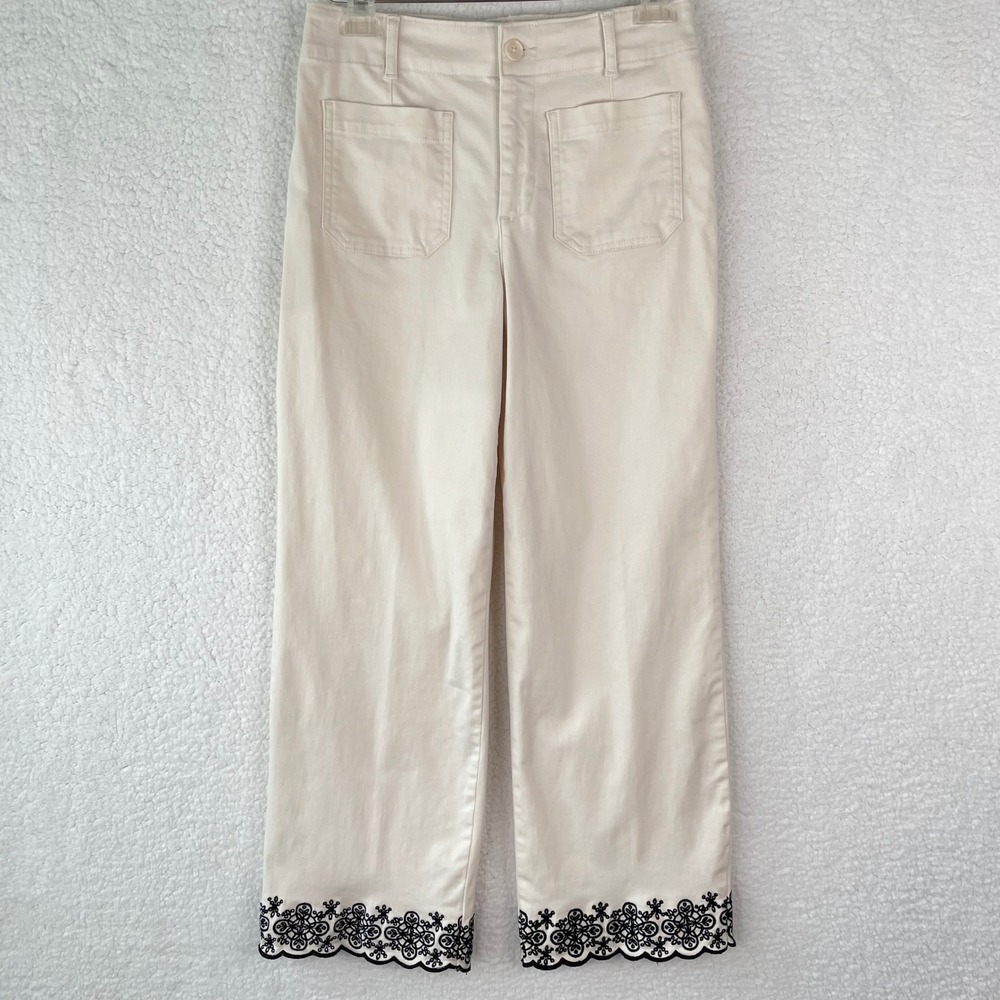 Bagatelle Collection Womens Ivory Wide Leg Crop Pants Embroidered Hem Size 4
